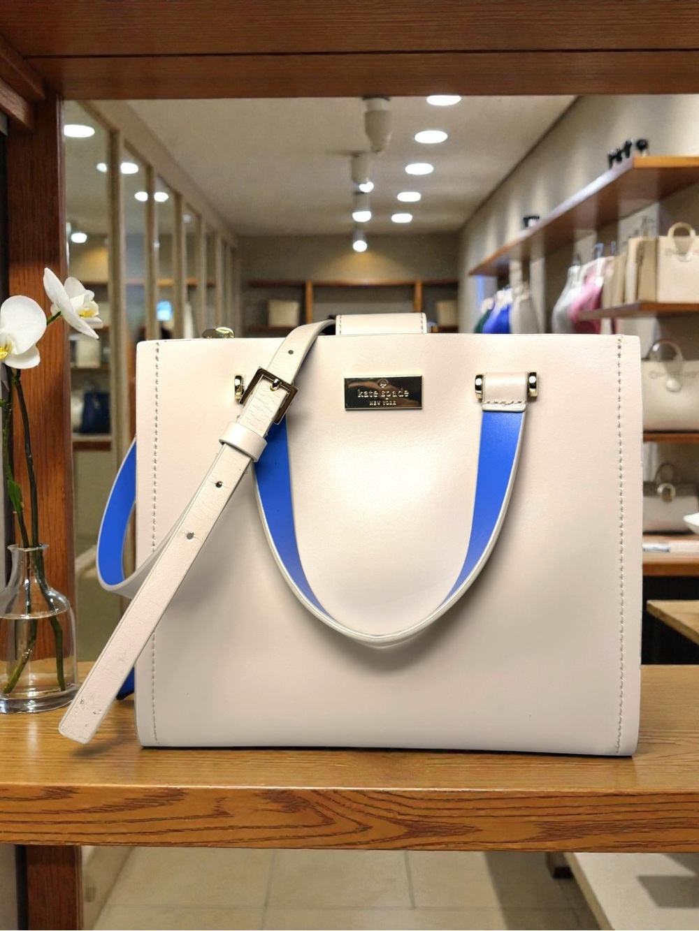 Kate Spade ♠️ Arbour Hill Small Leather Satchel Cream Blue Satchel / Crossbody 💙